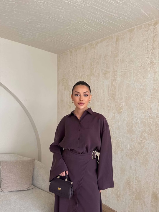 HR-0828H&R ButikTB - Mois Yan Detaylı Etekli Takım Mürdüm