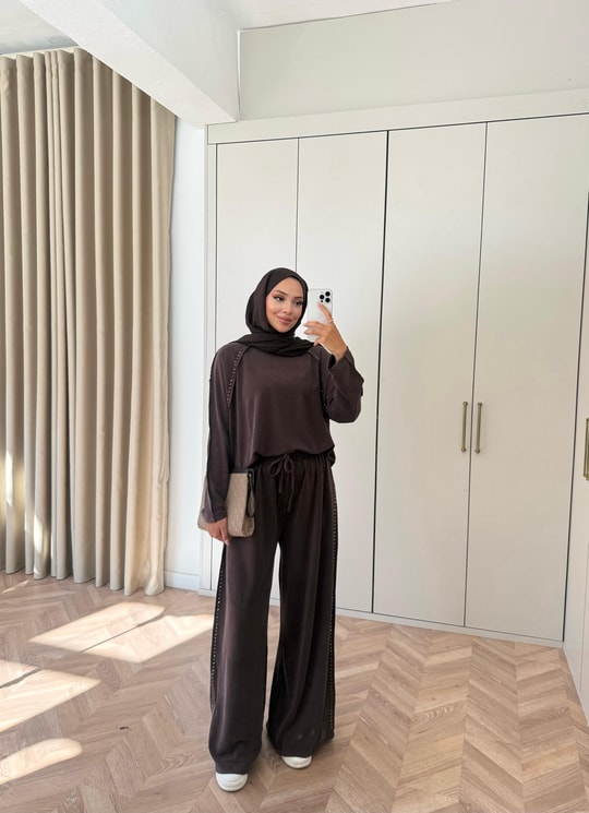HR-2971H&R ButikTB-Nurla Boncuk Detaylı Modal Oysh Takım Acı Kahve