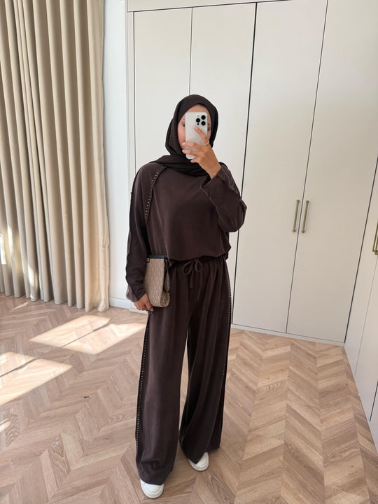 HR-2971H&R ButikTB-Nurla Boncuk Detaylı Modal Oysh Takım Acı Kahve