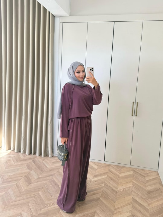 HR-2971H&R ButikTB-Nurla Boncuk Detaylı Modal Oysh Takım Mürdüm