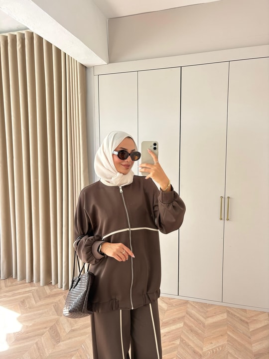 HR-3246H&R ButikTB - Riba Çizgi Detaylı Scuba Takım Kahve