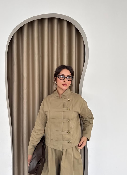 HR-3168H&R ButikTb - Riwa Düğme Detaylı Etekli Pantolon Takım Vizon