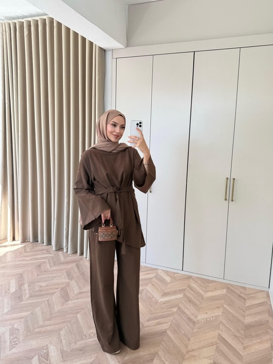 HR-1546H&R ButikTB - Willa Kemeri Detaylı Keten Takım Acı Kahve