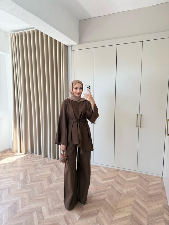 HR-1546H&R ButikTB - Willa Kemeri Detaylı Keten Takım Acı Kahve