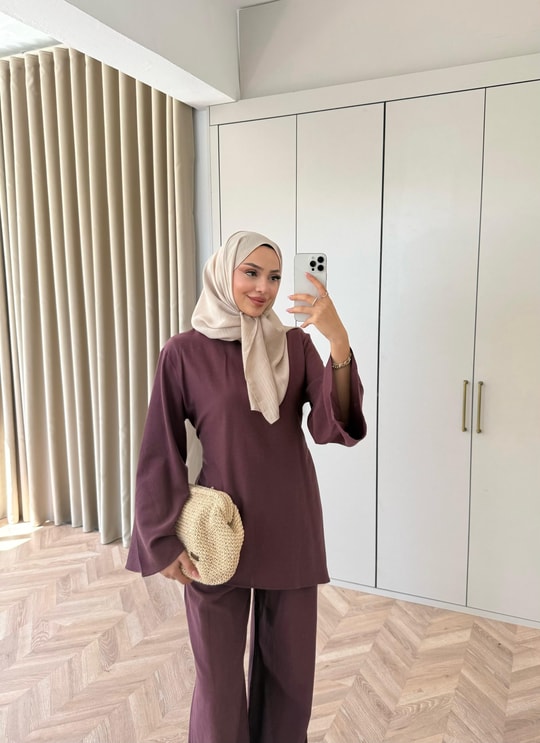 HR-1546H&R ButikTB - Willa Kemeri Detaylı Keten Takım Mürdüm