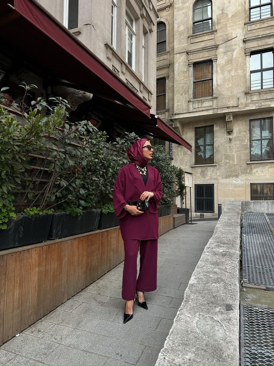 TAKM-1926H&R ButikYula Oversize Ceketli Takım Mürdüm