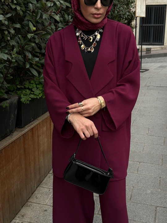 TAKM-1926H&R ButikYula Oversize Ceketli Takım Mürdüm