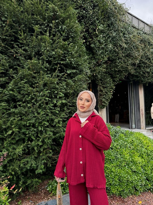 TAKM-970H&R ButikZeyn Düğmeli Triko Takım Bordo