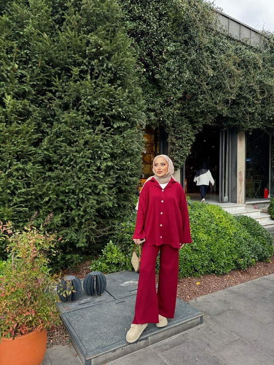 TAKM-970H&R ButikZeyn Düğmeli Triko Takım Bordo