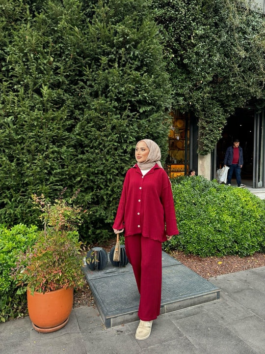 TAKM-970H&R ButikZeyn Düğmeli Triko Takım Bordo