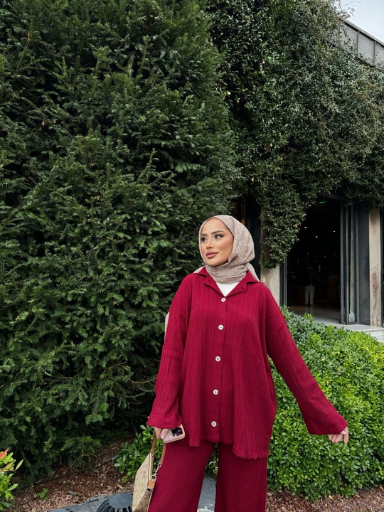 TAKM-970H&R ButikZeyn Düğmeli Triko Takım Bordo
