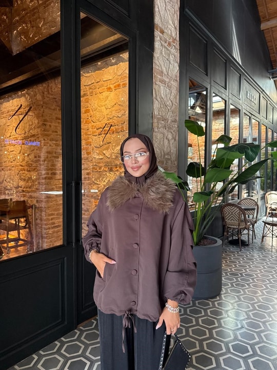 HR-2988H&R ButikFus- Leza Kürk Detaylı Gabardin Trenç Kahve