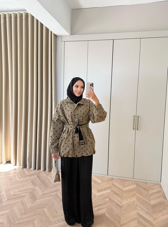 HR-2998H&R ButikFus- Puantiyeli Trenç Vizon