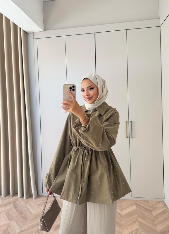HR-2995H&R ButikFus- Sim Detaylı Gabardin Trenç Haki