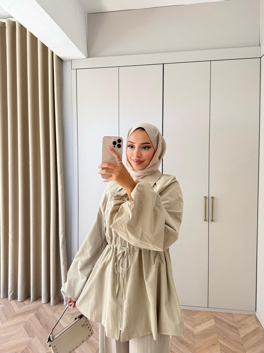 HR-2994H&R ButikFus- Sim Detaylı Gabardin Trenç Bej