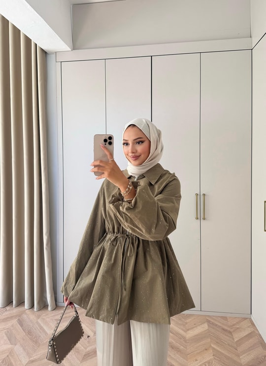 HR-2995H&R ButikFus- Sim Detaylı Gabardin Trenç Haki