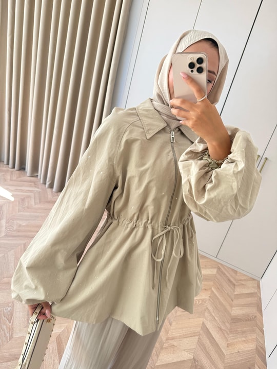HR-2994H&R ButikFus- Sim Detaylı Gabardin Trenç Bej