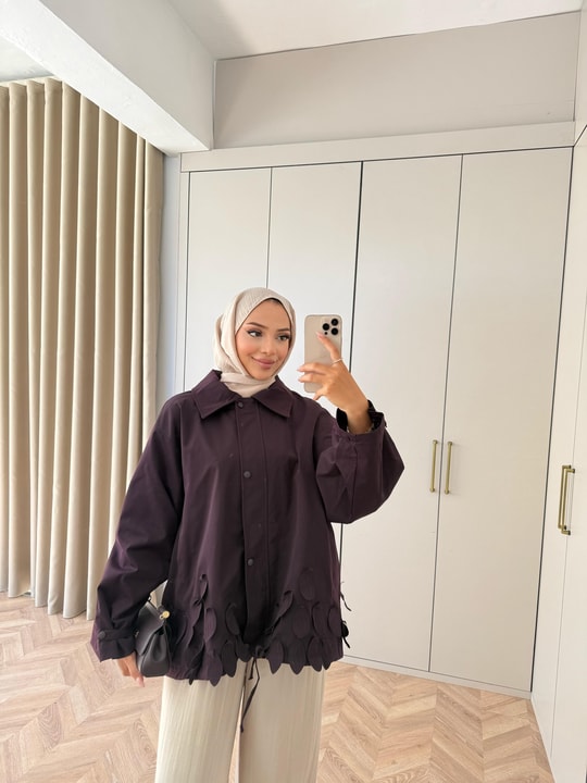 HR-2990H&R ButikFus- Yaprak Detaylı Trenç Mürdüm