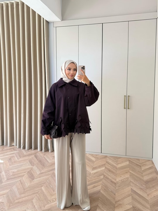 HR-2990H&R ButikFus- Yaprak Detaylı Trenç Mürdüm