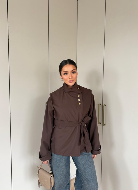 HR-3355H&R ButikHen - Bema Gold Düğme Detaylı Trenç Kahve