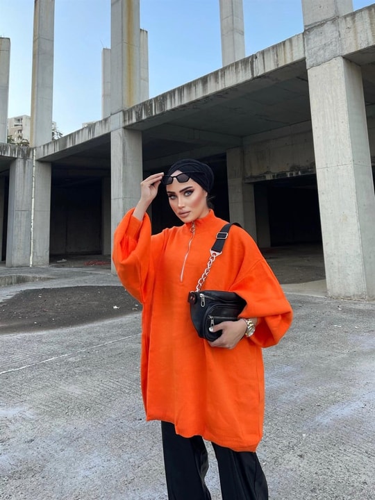 FERMUARLI KAZAKH&R ButikFermuarlı Sweat Model Triko Kazak Turuncu