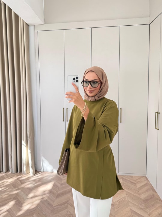 HR-3270H&R Butikek - Hesa Arka Bağlamalı Tunik Yağ Yeşili