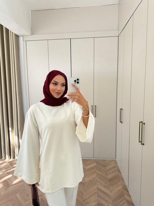 HR-3270H&R Butikek - Hesa Arka Bağlamalı Tunik Beyaz