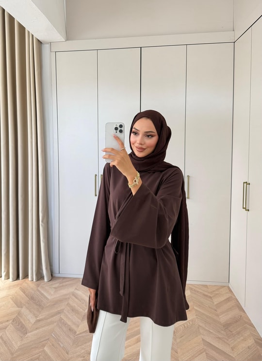 HR-3274H&R Butikek- Neva 2 Yanı Detaylı Tunik Kahve