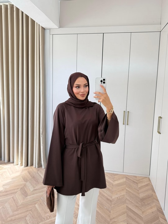 HR-3274H&R Butikek- Neva 2 Yanı Detaylı Tunik Kahve