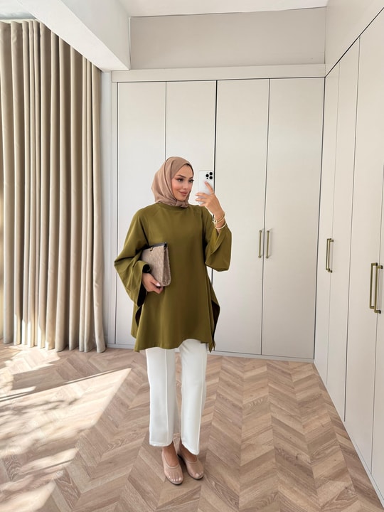 HR-3267H&R Butikek- Neva 2 Yanı Detaylı Tunik Yağ Yeşili