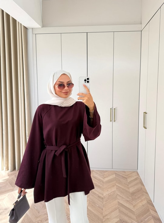 HR-3267H&R Butikek- Neva 2 Yanı Detaylı Tunik Mürdüm