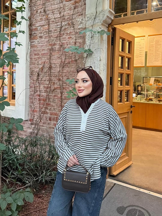 HR-3405H&R ButikNG- Çizgili Ön Düğmeli Tunik Haki