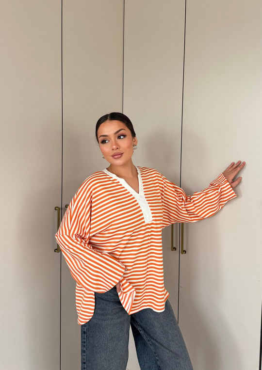 HR-3405H&R ButikNG- Çizgili Ön Düğmeli Tunik Turuncu