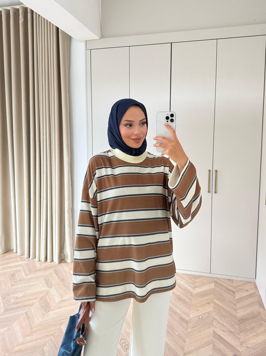 HR-3035H&R ButikNG- Lis Çizgi Desen Tunik Hardal