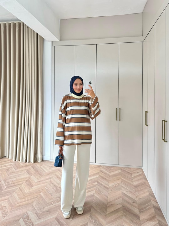 HR-3035H&R ButikNG- Lis Çizgi Desen Tunik Hardal