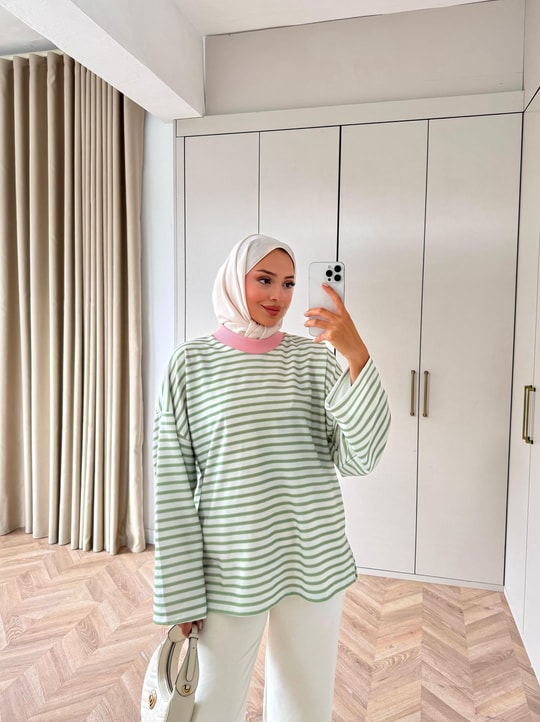 HR-3035H&R ButikNG- Lis Çizgi Desen Tunik Yeşil