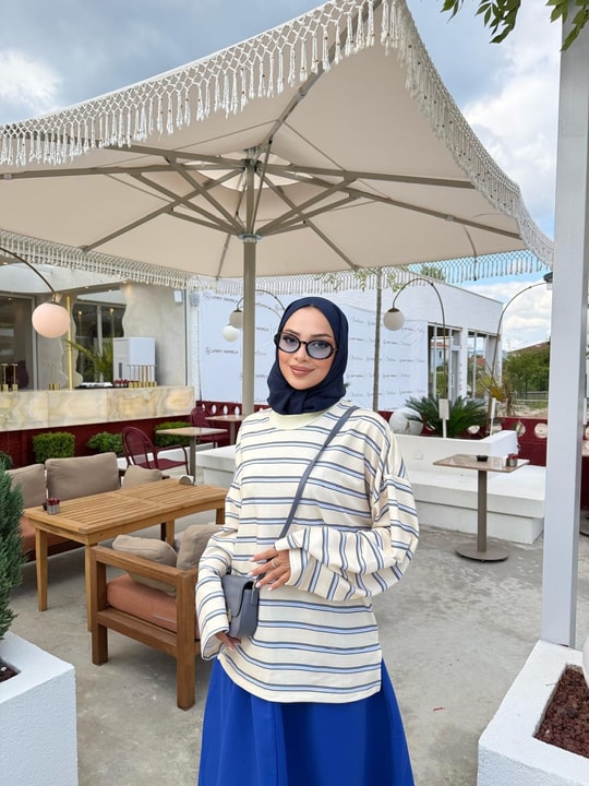 HR-3035H&R ButikNG- Lis Çizgi Desen Tunik Sarı-Mavi