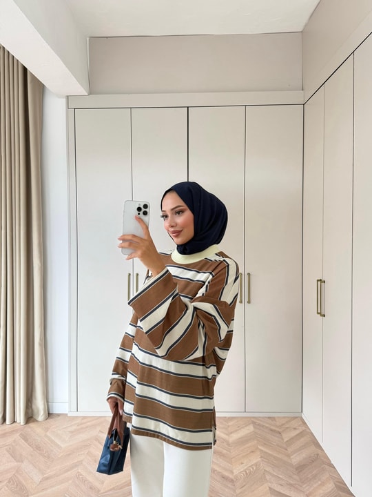 HR-3035H&R ButikNG- Lis Çizgi Desen Tunik Hardal