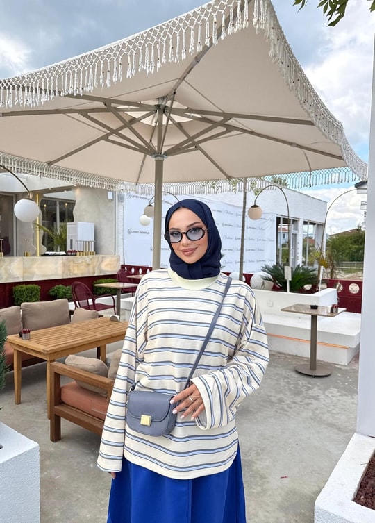 HR-3035H&R ButikNG- Lis Çizgi Desen Tunik Sarı-Mavi
