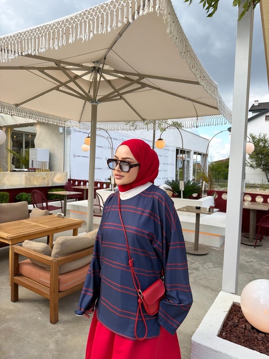 HR-3035H&R ButikNG- Lis Çizgi Desen Tunik Lacivert