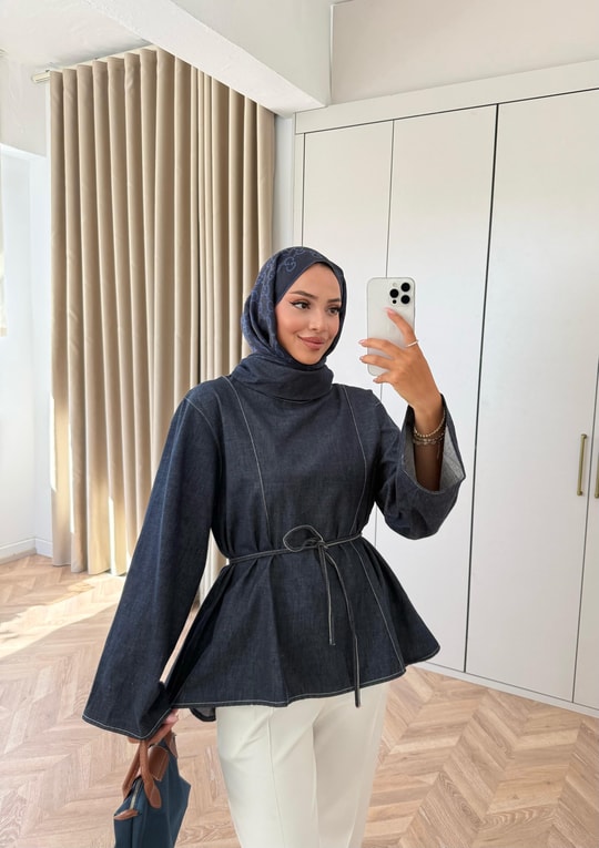 HR-2918H&R ButikQu - Elan Kol İspanyol Kot Tunik Lacivert