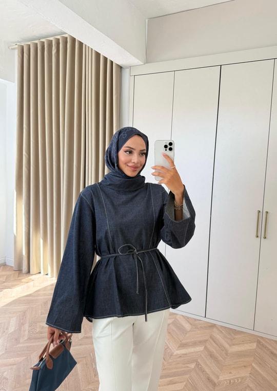 HR-2918H&R ButikQu - Elan Kol İspanyol Kot Tunik Lacivert