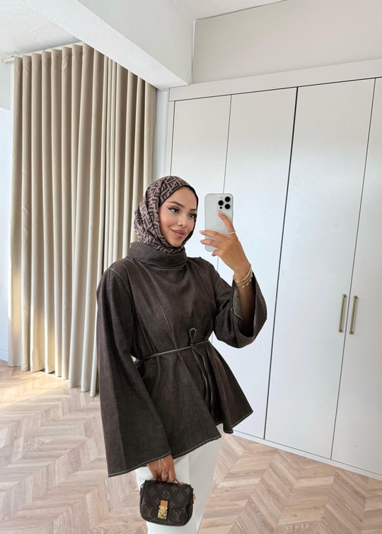 HR-2918H&R ButikQu - Elan Kol İspanyol Kot Tunik Acı Kahve