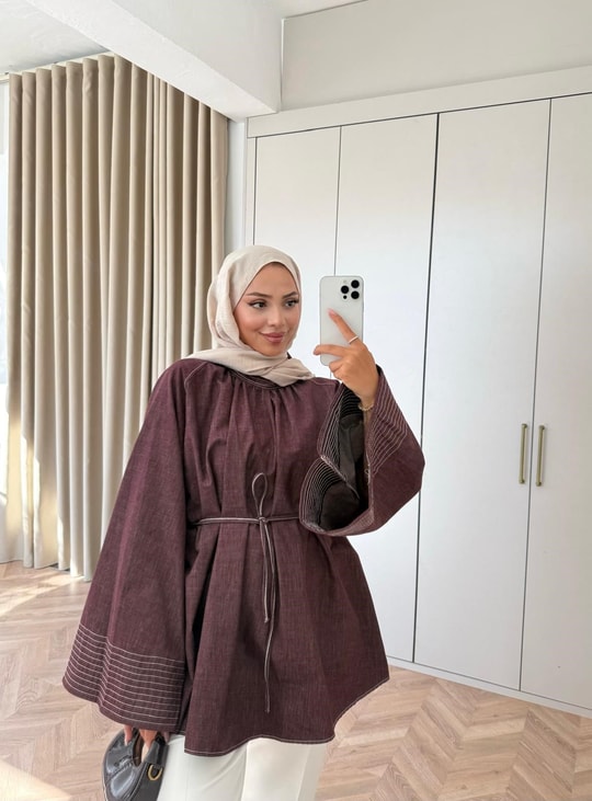 HR-2927H&R ButikQu- Qülna Kolları İspanyol Tunik Mürdüm