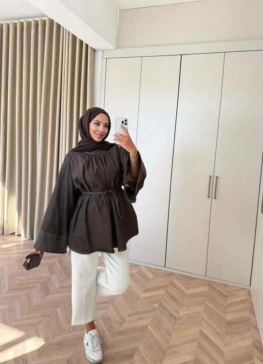 HR-2927H&R ButikQu- Qülna Kolları İspanyol Tunik Kahve