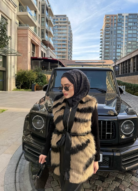 YELEK-300H&R ButikZebra Desen Deri Detaylı Yelek Camel