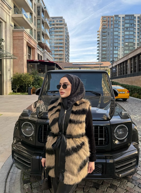 YELEK-300H&R ButikZebra Desen Deri Detaylı Yelek Camel