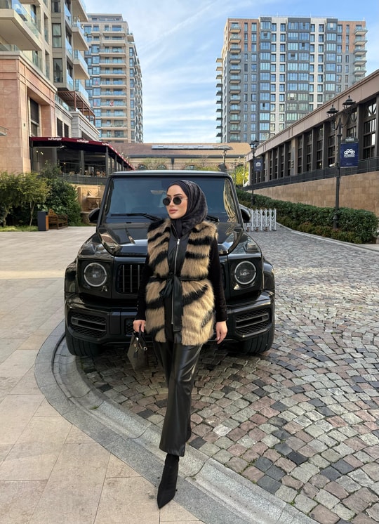 YELEK-300H&R ButikZebra Desen Deri Detaylı Yelek Camel