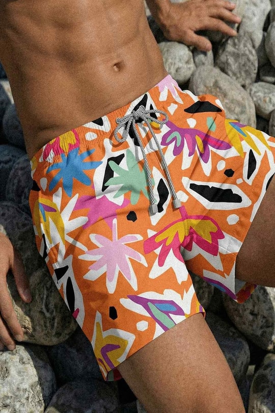 Mısırlı Erkek Abstract Floral Desenli Deniz Şort Hardal