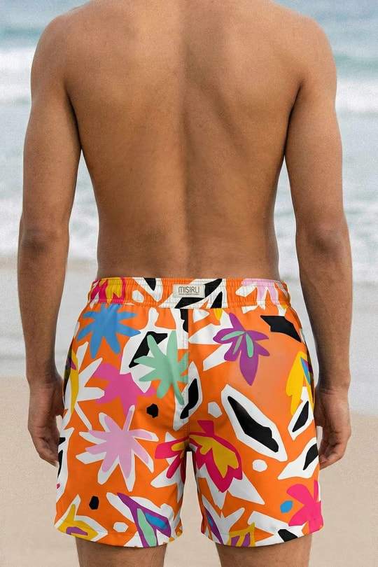 Mısırlı Erkek Abstract Floral Desenli Deniz Şort Hardal